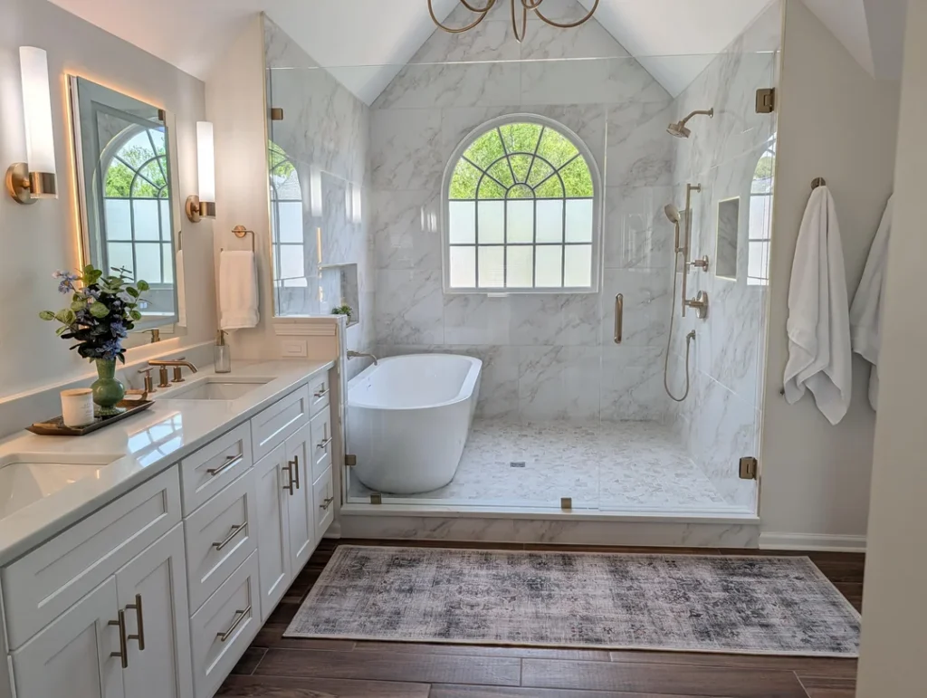 Modern luxury bathroom renovation with a white freestanding bathtub and marble walk-in shower