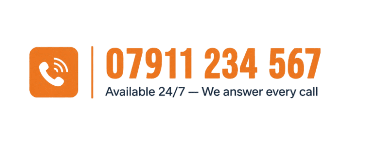 Emergency plumbing contact banner with phone number 07911 234 567 available 24/7