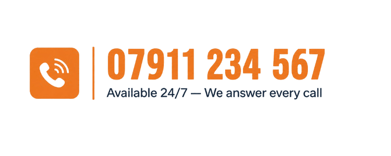 Emergency plumbing contact banner with phone number 07911 234 567 available 24/7
