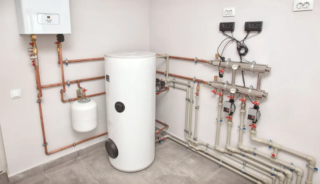 New high-capacity domestic hot water storage tank installation connected with copper pipes