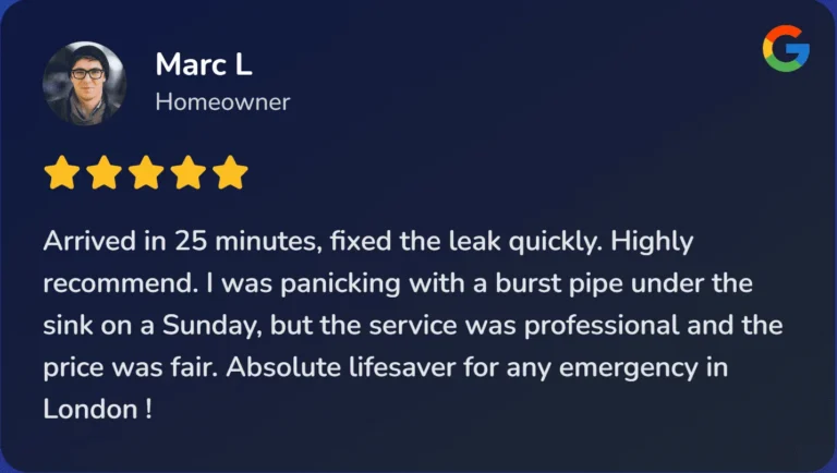 oogle review testimonial snippet from a satisfied customer with a 5-star rating for Plumber Smith